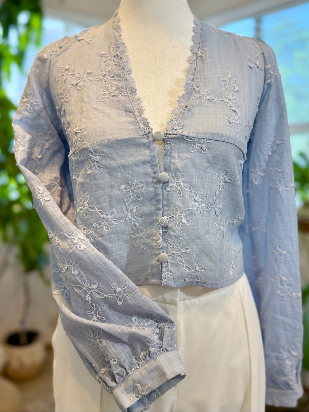Romantic Light Blue Embroidered Button-Front Blouse Top Spring Summer